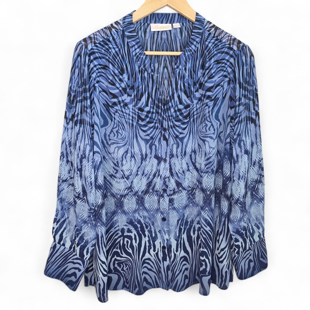 Belle by Kim Gravel Top Womens Large Blue Animal Print Sheer Blouse Long Sleeve